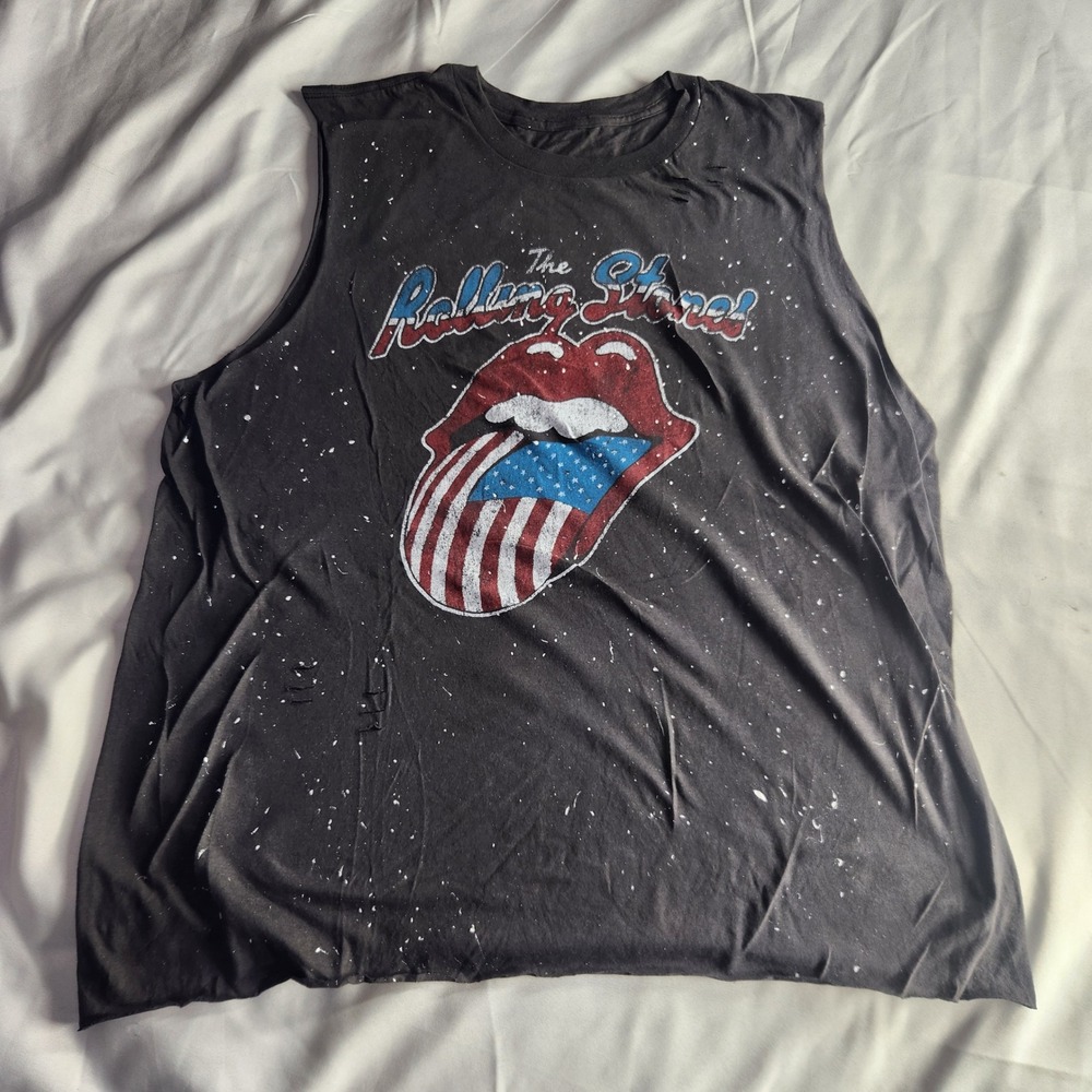 Rolling Stones Graphic Tank Top American Flag Tongue Rock Band Sleeveless Tee